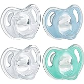 Tommee Tippee Ultra-Light Silicone Pacifier, 0-6 Months, Symmetrical One-Piece Design, BPA-Free Silicone Binkies, Clear/Blue/