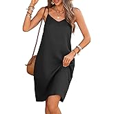 vinglam Women's Linen Spaghetti Dress 100% Linen Adjustable Strap V Neck Mini Dresses with Pockets