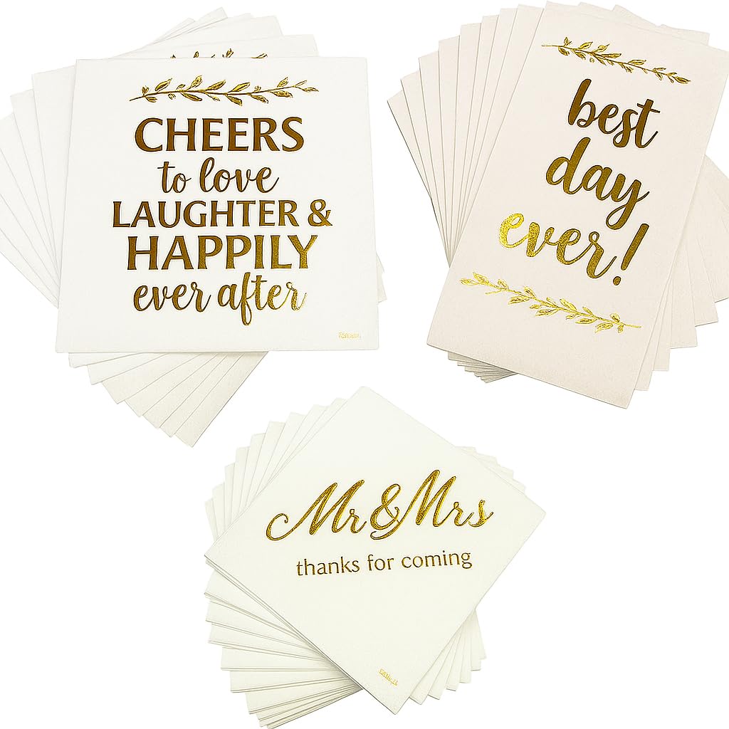 Photo 1 of 120 Count Assorted Gold Wedding Napkins by Oojami - Mr & Mrs, Cheers to Love, Best Day Ever Themes - 3-Ply Cocktail Beverage Dessert Napkins for Wedding, Engagement Party, Shower