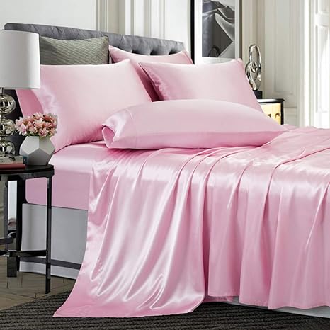 Amazon Com Treely 6 Piece Satin Sheets King Size Silky Smooth Pink Satin Sheet Set With Deep Pocket Satin Fitted Sheet Flat Sheet 4 Satin Pillowcase Home Kitchen