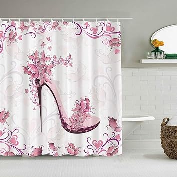 Nolovvha Duschvorhang Rosa Und Lila Frauenschuhe Mit Rosen Und Herzen Und Fliegenden Schmetterlingen Personalisierte Deko Badezimmer Vorhang Mit Haken 180 210 Amazon De Kuche Haushalt