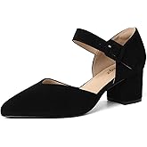 RIBONGZ Comfortable Kitten Heels for Women Pointed Closed Toe Ankle Strap Buckle Heels Slip on Low Heel Church Pumps Wedding Bridal Party Dressy Shoes