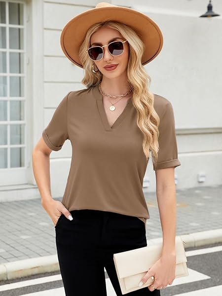 ZANZEA V NECK T SHIRTS FOR WOMEN DRESSY SHORT SLEEVE TUNIC TOPS BUSINESS CASUAL OUTFITS BASIC TOPBROWN MEDIUM