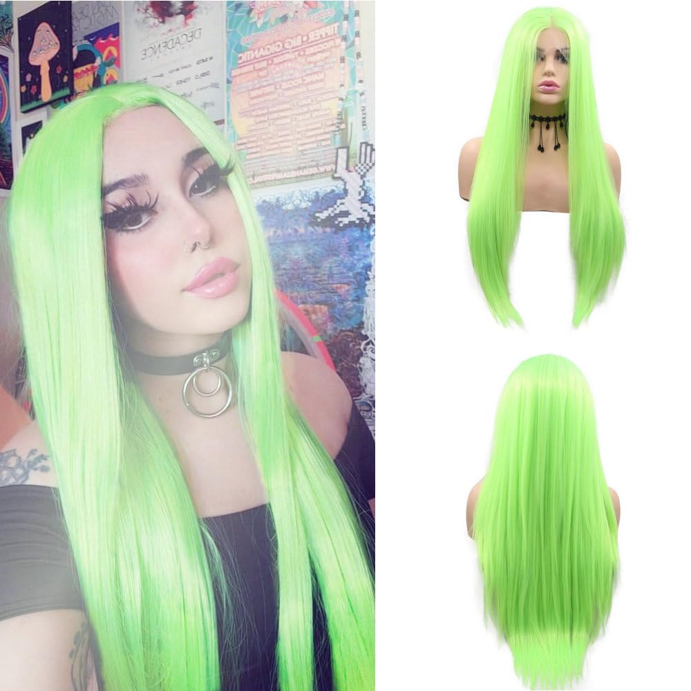 13x3" Pre Plucked Long Straight Colorful Wigs for Women Natural Looking Heat Resistant Fiber Synthetic Lace Front Wigs for Replacement/Party/Cosplay/Costume/Daily Use (Fluorescent Green) — image 1