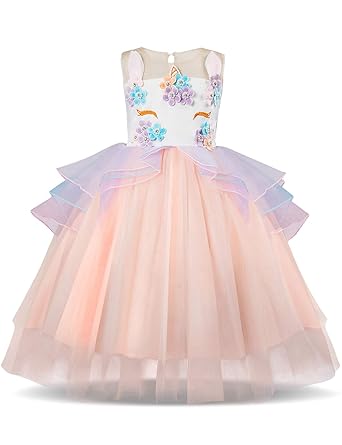 NNJXD Mädchen Einhorn Blume Rüschen Cosplay Party Hochzeit Prinzessin Kleid