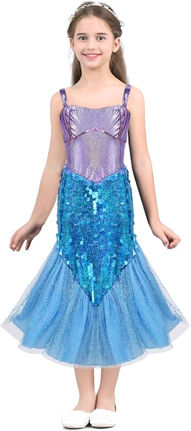 Iiniim Robe De Sirene Princesse Robe De Soiree Partie Enfant Bebe Fille Paillette Brillant Robe De Hanche Sans Manches Deguisement Sirene Costume Carnaval Noel 5 10 Ans Violet Bleu Ciel 8 10 Ans