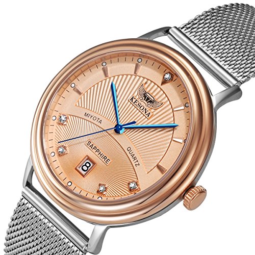 Men's Stainless Steel Sapphire Glass Wrist Watch - KESONA Classic Calendar Waterproof Watch - Casual Mesh Strap Watch (Rose Gold Dial)