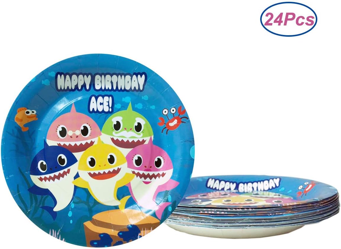 24 Pieces Baby Cute Shark Happy Birthday 9 Inch Party Plates, Cake Paper Dessert Set Decorations Supplies