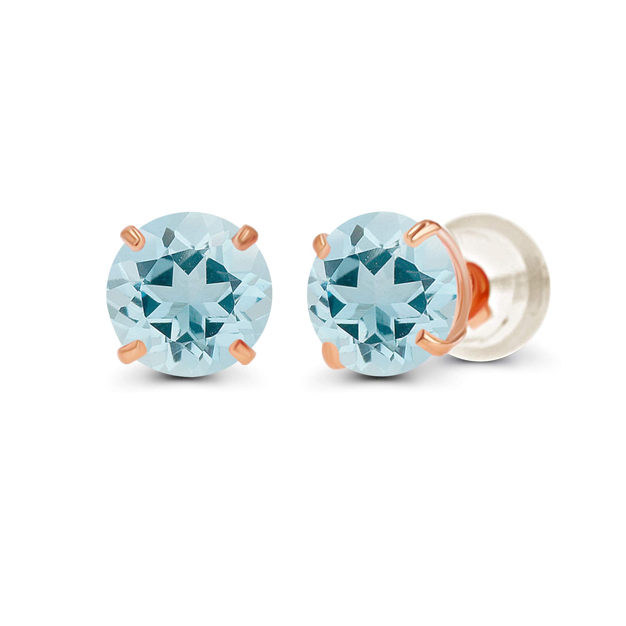Pendientes de tuerca con piedra natal de marzo de aguamarina natural redonda de 0.236 in de oro rosa macizo auténtico de 10 quilates