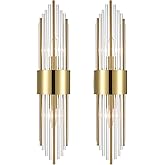 SHAWNKEY 2-Light Modern Brushed Titanium Gold Wall Sconce with Clear Glass Crystal Luxury Wall Light Fixtures for Bedroom Liv