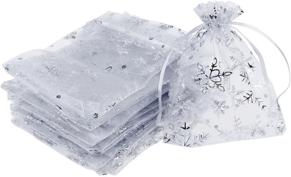 Lothver 100PCS 79CM Snowflake Pattern Gauze Bag Gold Stamping Drawstring Jewelry Candy Big Organza Gift Bags for Wedding, Christmas, Birthday, Anniversary