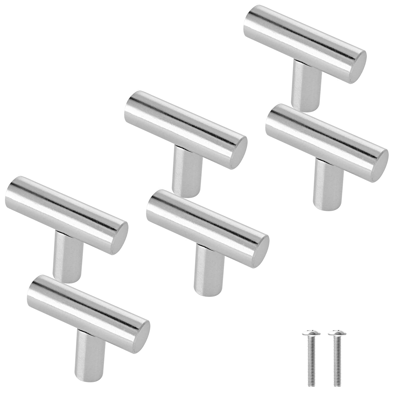 Cjueiom 6 Pack Brushed Nickel Cupboard Knobs 50mm Length T Bar Handles, Stainless Steel Drawer Silver Pull Wardrobe Door Kitchen Cabinet Bedroom Closet, Single Hole