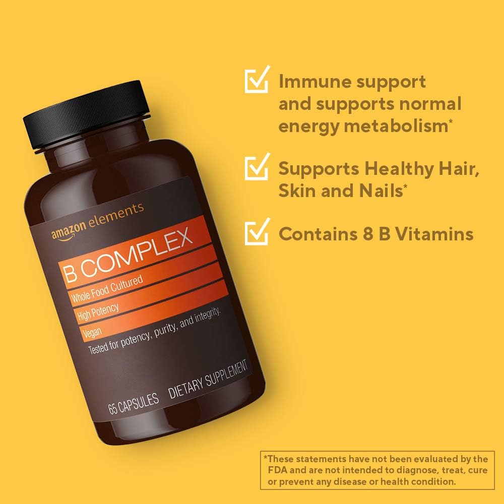  Elements B Complex, High Potency, 83% Whole Food Cultured, Supports Immune and Normal Energy Metabolism, Vegan, 65 Capsules, 2 month supply (Packaging may vary): Health & Personal Care
