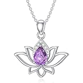 Zorlioy Diamond Lotus Necklace with Amethyst 925 Sterling Silver Lab-Grown Diamond Lotus Pendant Necklaces Christmas Birthday Gifts