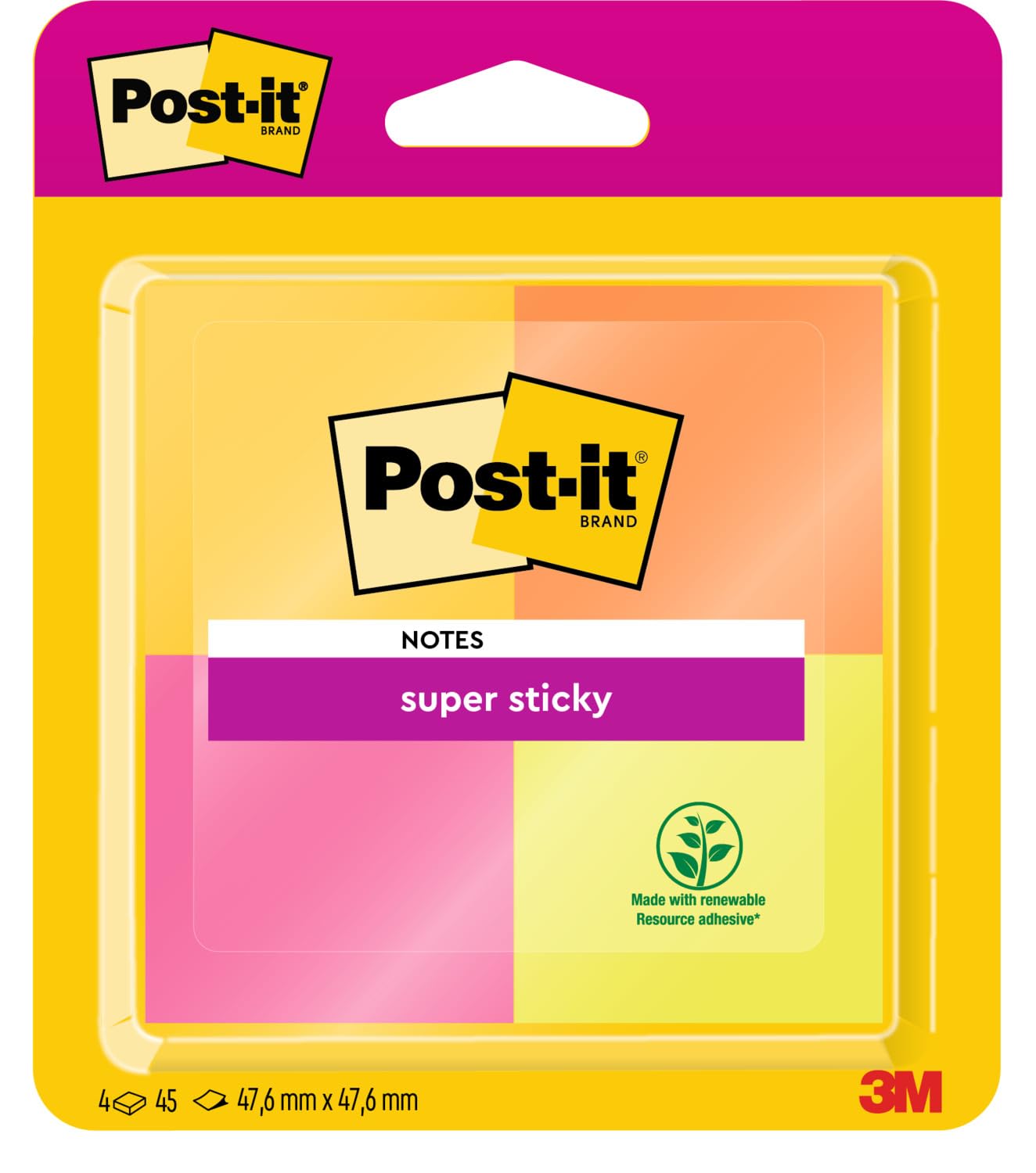 Post-it Super Sticky Notes, 180 Sheets, Pack of 4 Pads, 47.6 mm x 47.6 mm - Holds Strong to Many Surfaces - Green, Orange, Pink, Yellow - For Walls, Monitors and Fridge, Recycable