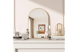 VooBang Arched Wall Mirror, 16 x 24 inch Arch Bathroom Mirror, Wall Mounted Vanity Mirror with Arch Metal Frame, Modern Bathroom Vanity Mirror for Bedroom, Living Room, Hanging or Leaning, Gold
