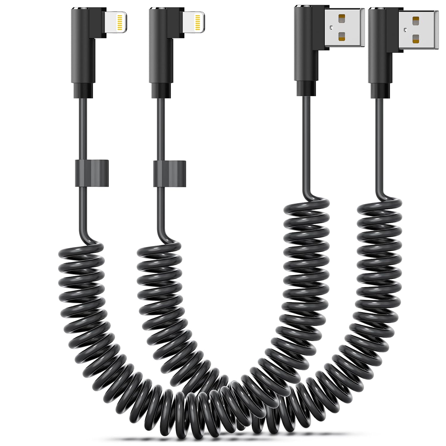 Photo 1 of 90 Degree Coiled Lightning Cable, 2 Pack, 3 FT, Right Angle Short iPhone Charger Cord [MFi Certified] USB A to Lightning Apple CarPlay Cable Compatible with iPhone 14/13/12/11 Pro Max XS XR X (Black)