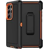 RubCase for Samsung Galaxy S25 Ultra Case with 2X Screen Protector, Dual Layer Bumper Cover with Belt Clip Holster & Kickstand, Full Body Heavy Duty Phone Case for Galaxy S25 Ultra 5G (Black/Orange)
