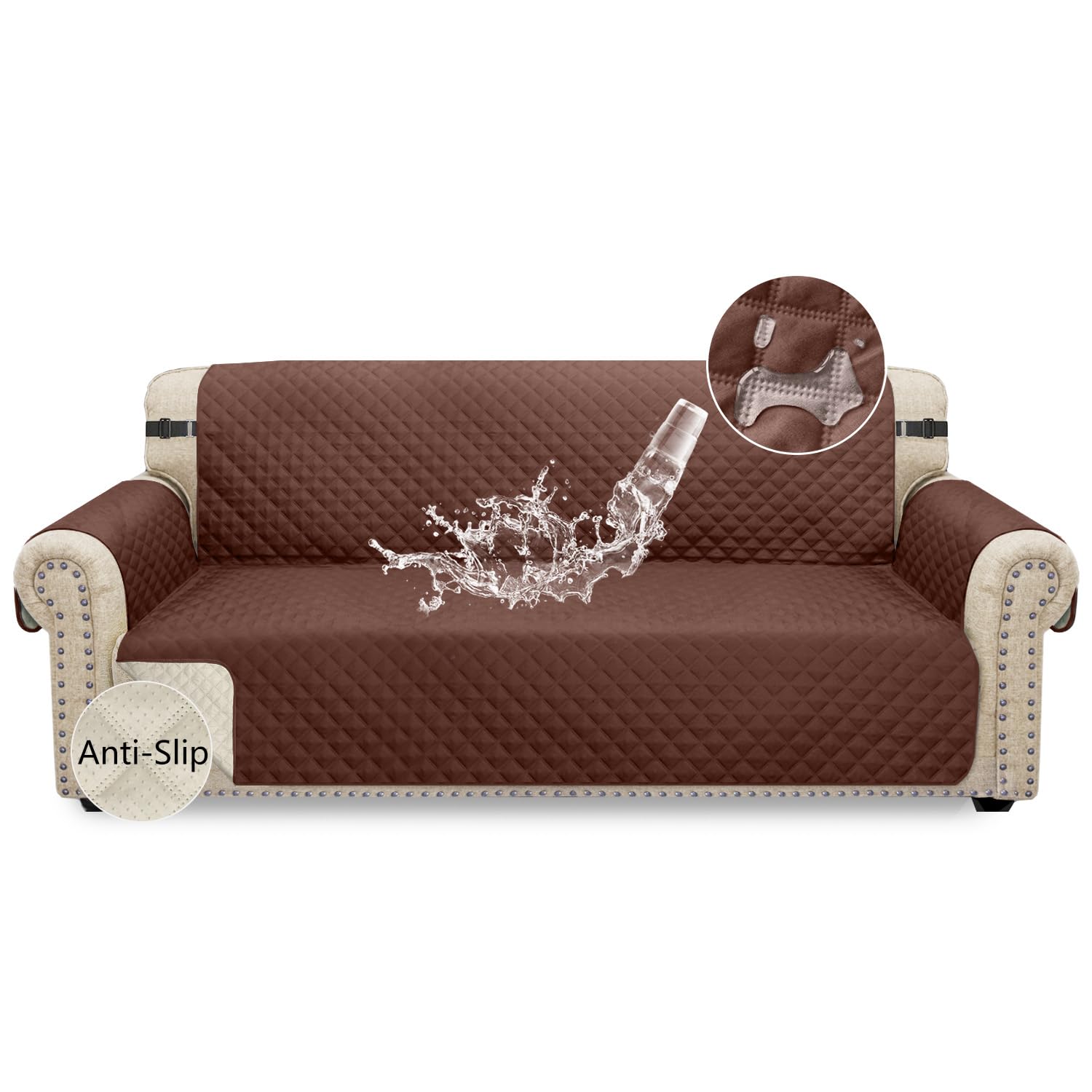 Granbest Waterproof Sofa Cover 3 Seater Non-Slip Sofa Slipcover with Elastic Straps, Washable Sofa Protector for Kids, Pets, Dogs, Cats Four Seasons Universal (3 Seater, Chocolate)