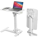 Mount-It! Overbed Table with Wheels, Folding Adjustable Height White | Foldable Bedside Tray Table on Wheels, No-Assembly Over Bed Laptop Desk, Folds Flat for Storage, Ultra-Low Base
