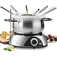 Artestia 14.79-Cup Large Capacity Electric Fondue Pot - 1-QT Ceramic Fondue for Cheese, Chocolat & 2.6-QT S/S Fondue Pot for Broth, Hot Oil, 1500W Temperature Control, 8 Color-Coded Forks, S/S Base