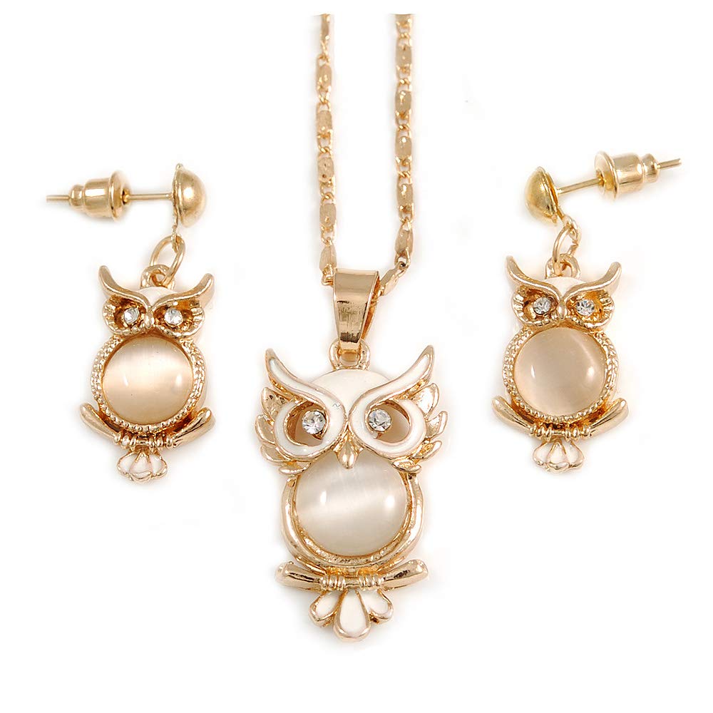 Avalaya Milky White Moonstone 'Wise Owl' Pendant With Gold Tone Chain & Drop Earrings Set - 44cm Length/ 5cm Extension