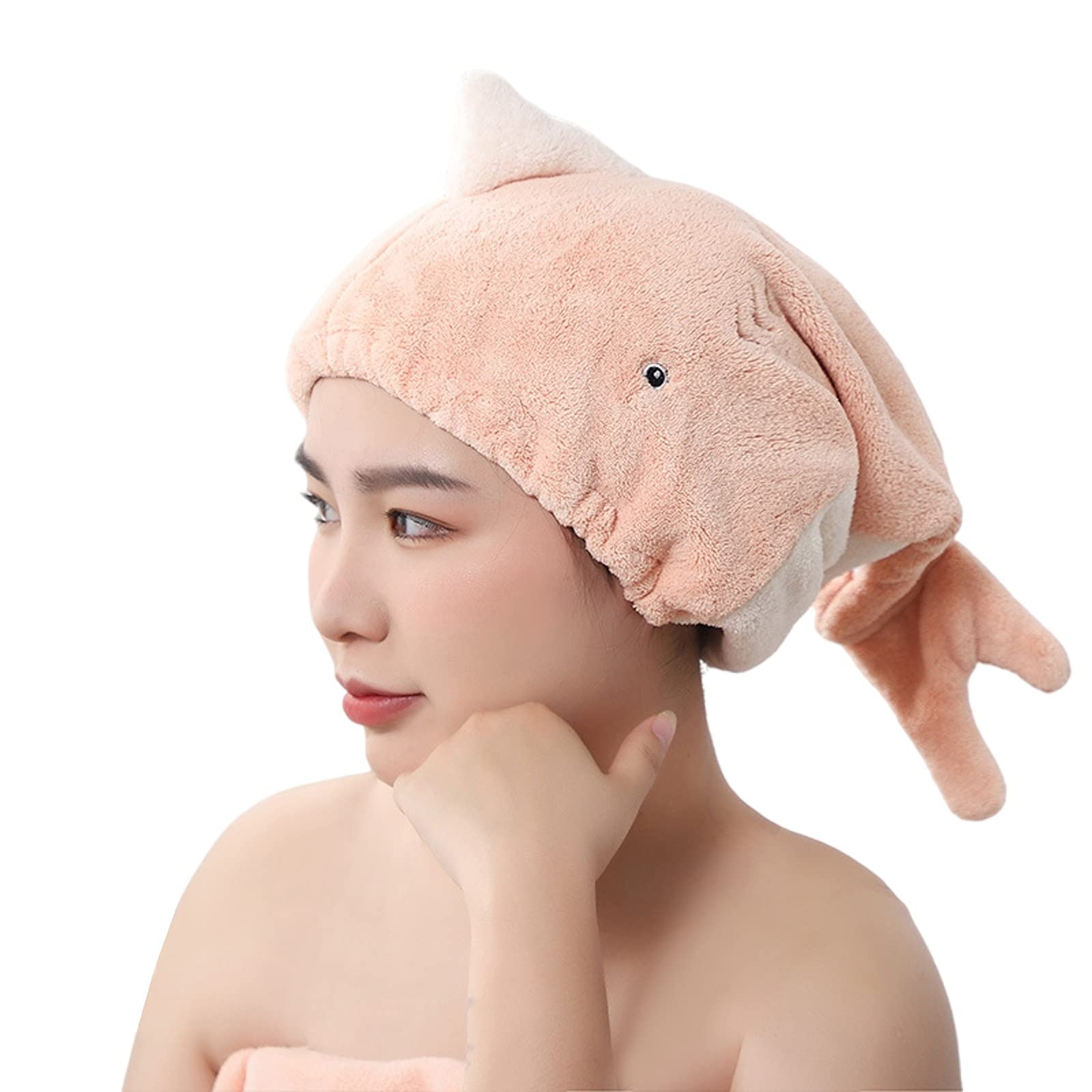 JK Home Women Microfiber Hair Drying Wrap Towel Cap, Fun Cute Cartoon Shark Super Absorbent Coral Velvet Hair Turban Quick Dry Towels for Wet, Long, Thick Hair