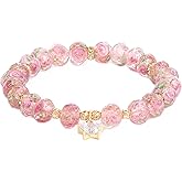 grehapas Flower Beaded Bracelets for Women Crystal Healing Bracelet Pink Glass Bead Stretch Bracelets