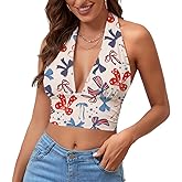 Rooscier Women's Deep V Neck Halter Tie Back Sleeveless Backless Cami Crop Top