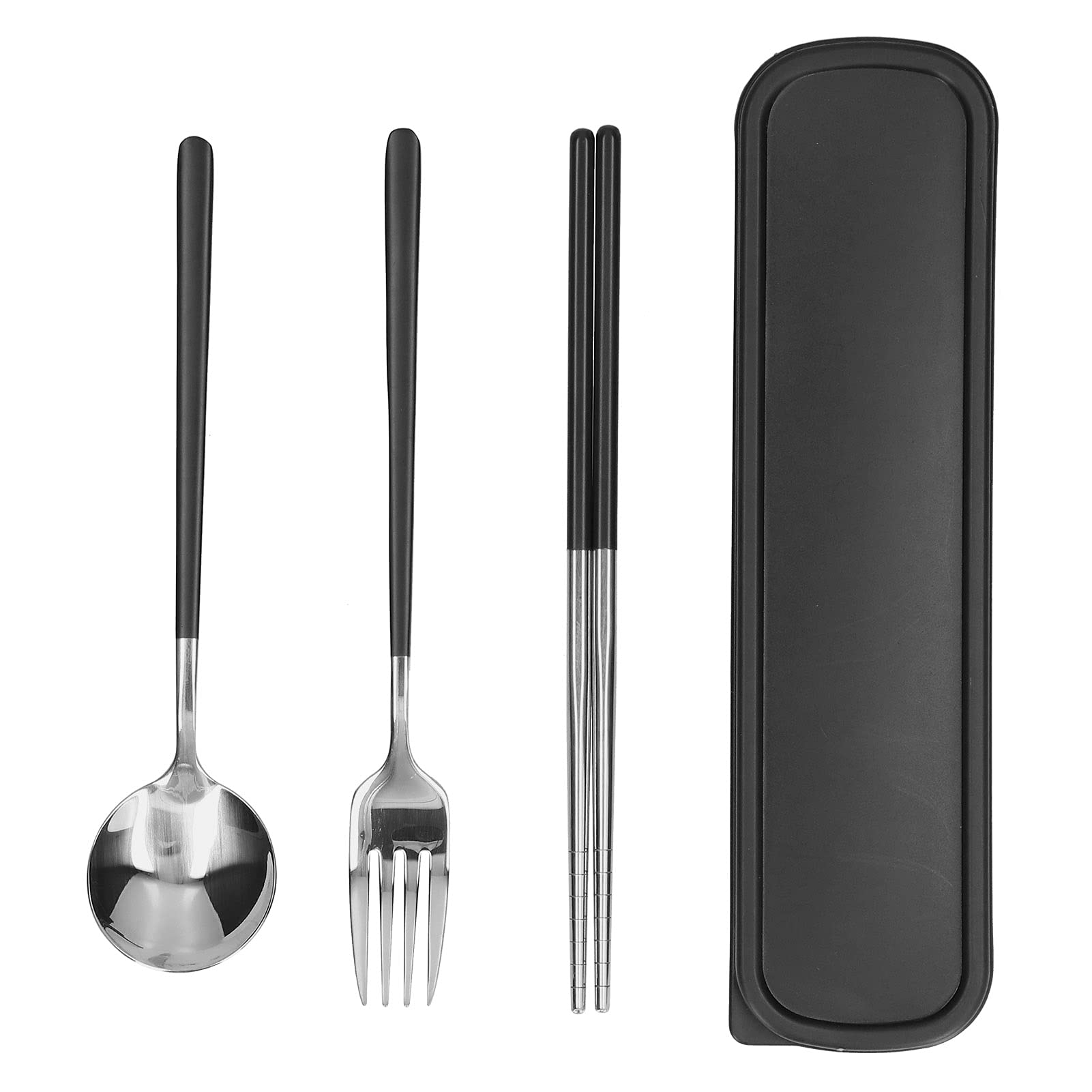 Portable Reusable Travel Cutlery Set, 3Pcs Stainless Steel Cutlery Set with Storage Box, Include Fork Spoon Chopsticks with Case (Black)