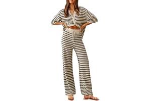 Tankaneo Womens Knit 2 Piece Lounge Sets Striped Short Sleeve Tops and Wide Leg Pants Travel Airport Vacation Outfits