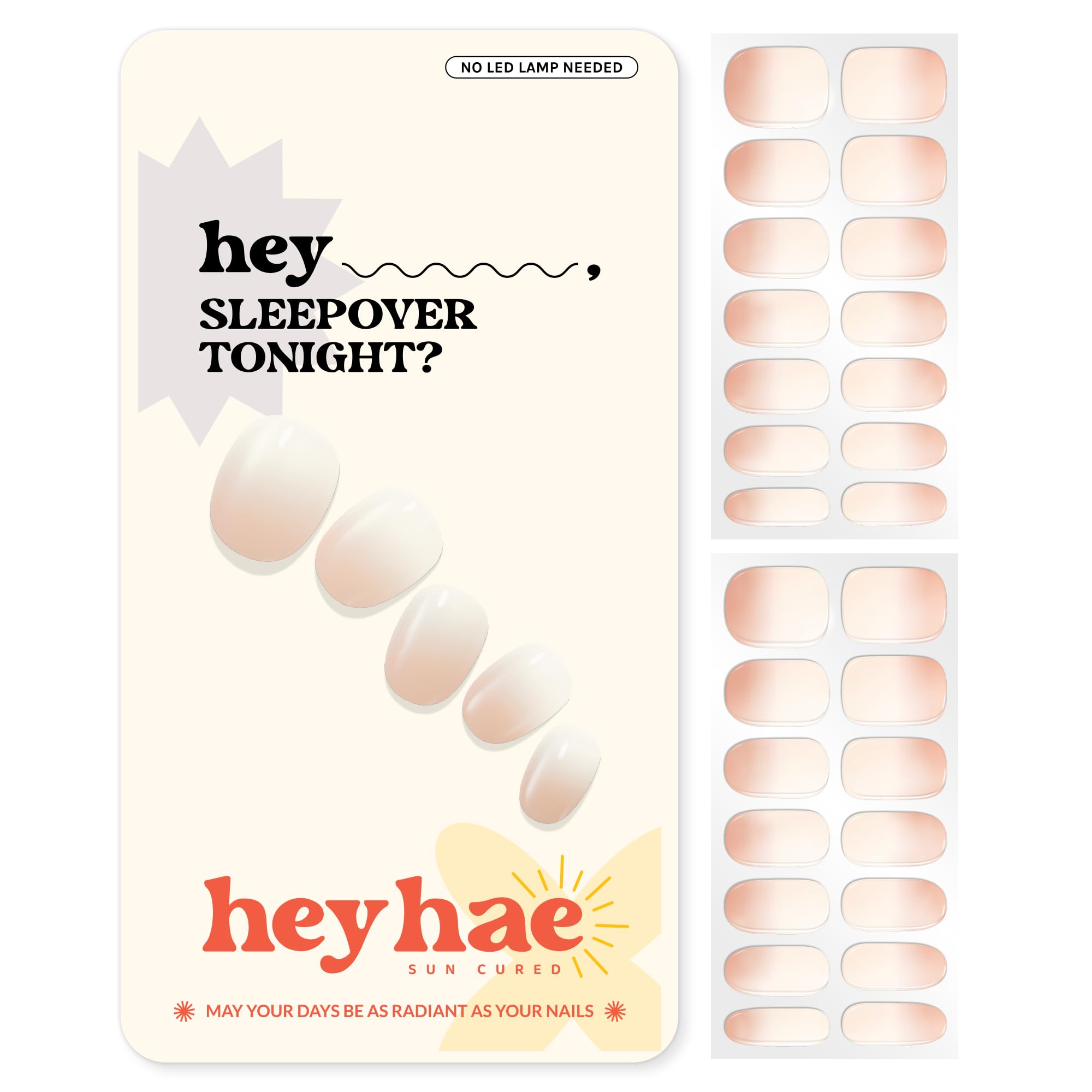 Heyhae Semi Cured Gel Nail Strips | Sun Cured Gel Nail Wraps No LED Lamp Needed Easy Apply & Remove | Includes 28 strips, 1 Prep Pad, 1 Nail File & 1 Wooden Stick - Hey, Sleepover Tonight?