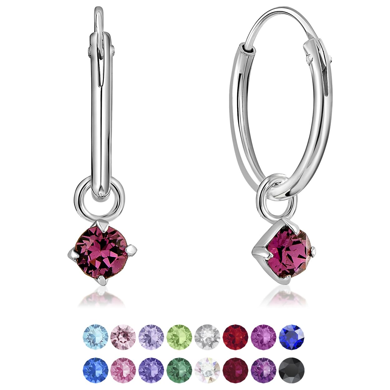 925 Sterling Silver Small Hoops Earrings with Dangling Heart in Glittering Crystals 3 mm - Heart Earrings Amethyst Colour - Thickness 1.5 mm - Diameter: 14 mm