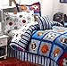 Boys Sports Patch Football Basketball Soccer Balls Baseball Blue Reversible Comforter Set (Full Size 8pc Bed in A Bag)