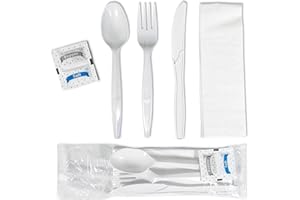 Value Plus (500 Count) 6 Piece Medium Weight Plastic Cutlery Packets, Knife Fork Spoon Napkin Salt Pepper Portions, Individua