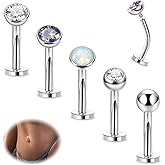 Masedy 5PCS 316L Stainless Steel Floating Belly Button Rings for Women 14G Petite Flat Back CZ Belly Rings Hypoallergenic Small Opal Internally Threaded Navel Piercing Jewelry 6-16MM