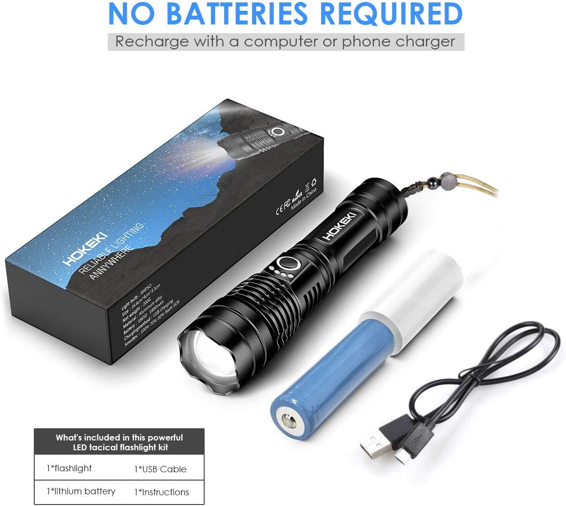 LED Tactical Flashlight, HOKEKI Emergency FlashlightsS1000 - High Lumen, Portable Outdoor Waterproof Handheld Light, USB Rechargeable, 5 Light Modes, Zoomable, Suitable For Camping, Hiking, Gift - - 