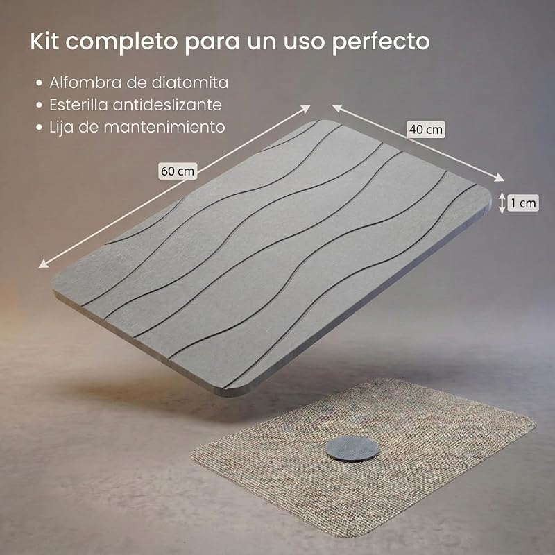 , Alfombra Diatomita Baño, 40x60 cm, Piedra de Secado Rápido, Antideslizante, con Lija, Alfombrilla Rígida Absorbente, Antimoho, para Ducha y Baño (Gris Claro)