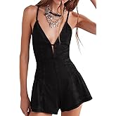 yoeasy Women's Sleeveless Deep V Neck Shorts Denim Romper Spaghetti Strap Tie Backless Ruffle Jean Overalls