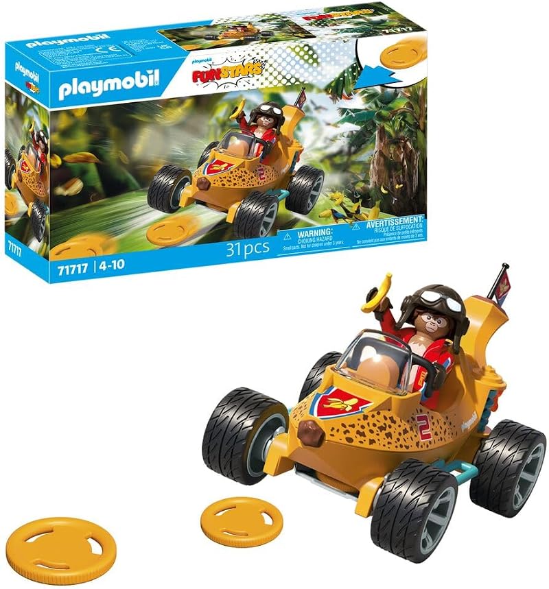 Playmobil Fun Stars Racing Banana Toy Car with Pull-Back & Disc Launcher