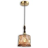 LUXWELL Modern Amber Glass Pendant Light, 5.25"x11.7" Elongated Hanging Fixture with Wood Grip & Brass Accent, 15"-72" Adjust