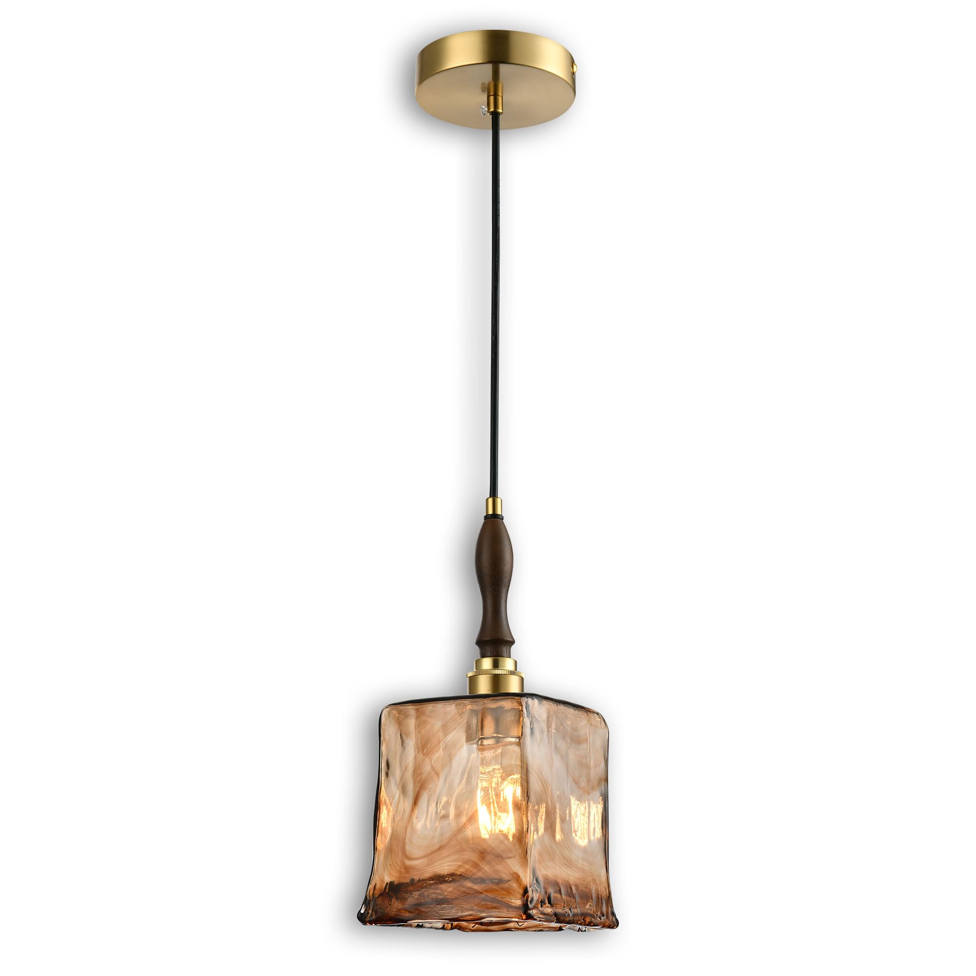 Photo 1 of LUXWELL Modern Amber Glass Pendant Light, 5.25"x11.7" Elongated Hanging Fixture with Wood Grip & Brass Accent, 15"-72" Adjustable Line, E26 Socket – Golden Amber Rectangular