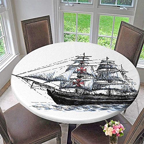 Mikihome Round Table Tablecloth Dated Aged Columbus Ship Sailing in The Imaginary Atlantic for Wedding Restaurant Party 50"-55" Round (Elastic Edge)