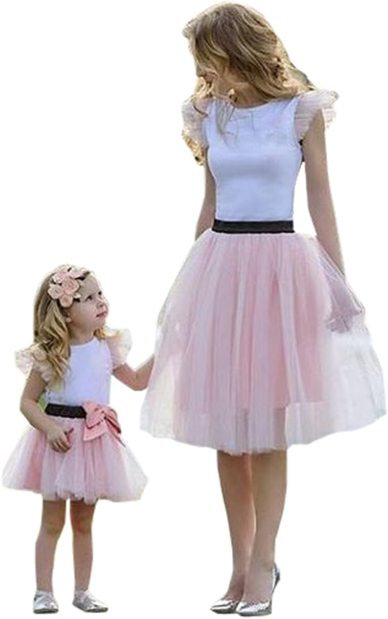 Family Matching Mom Baby Girls White Tshirt Top and Pink Tutu Skirt Clothing Sets