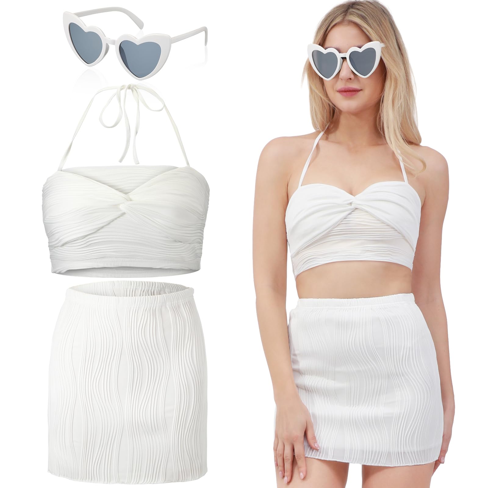 Photo 1 of Glitopper Women 2 Pcs Outfit Drawstring Twist Front Asymmetrical Hem Tube Crop Top and Bodycon Skirt Set with Heart Sunglasses(White, Large)