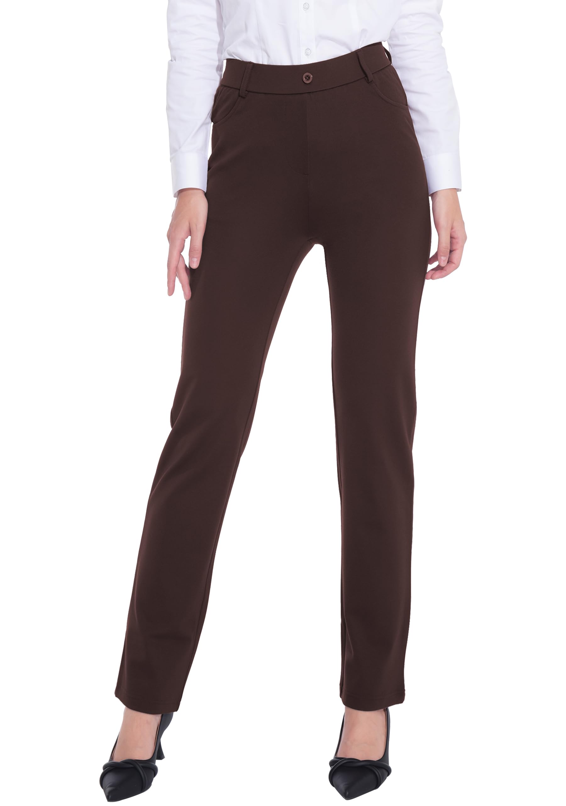 Photo 1 of ZTN Women's 28"/30" Brown Dress Pants with Pockets Mid Rise Straight Leg Slacks for Office Business Yoga L