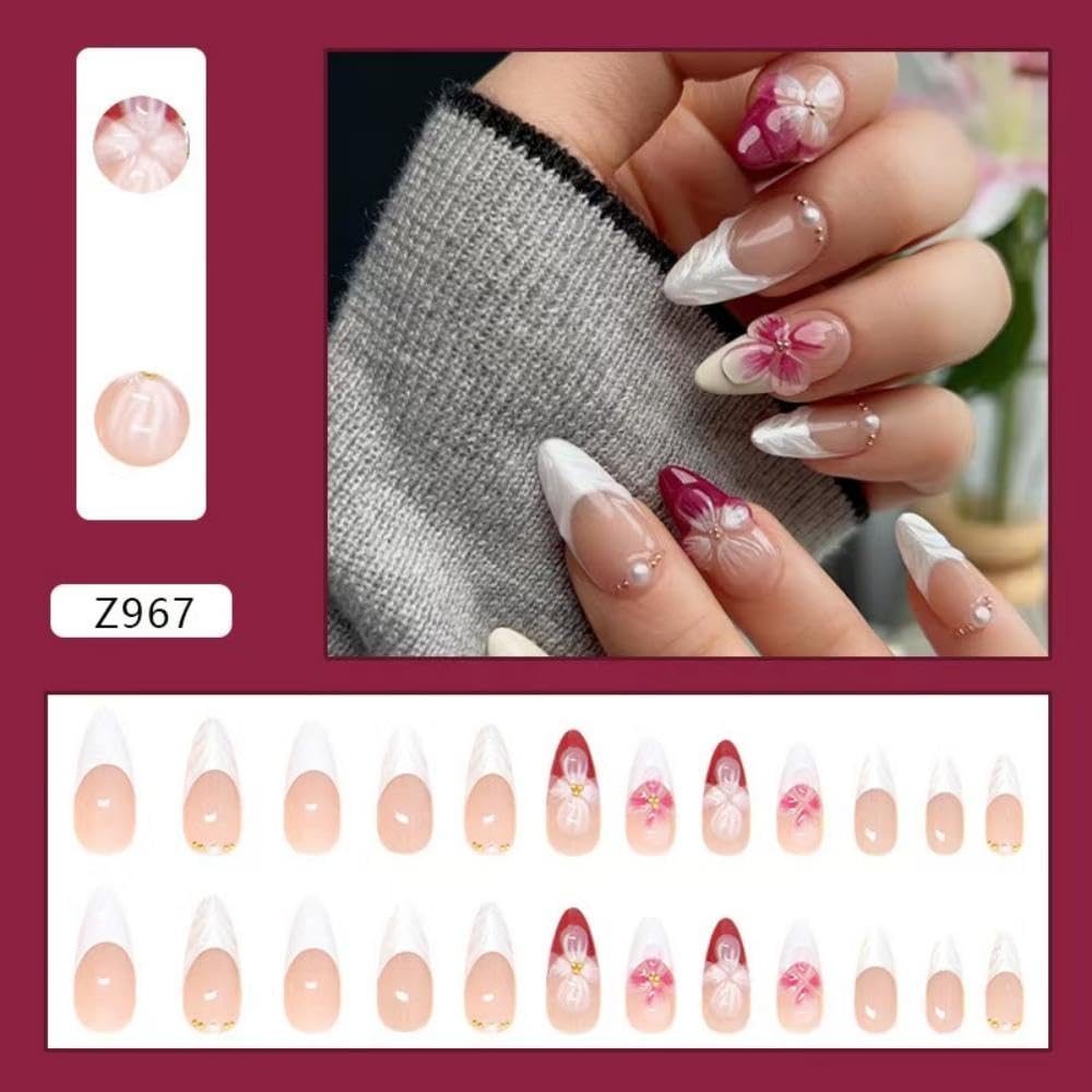 Flower Press on Nails White French Tip Fake Nails Medium Almond False Nails with Pearl Design 5D Floral Glue on Nails Glossy Artificial Acrylic Full Cover Spring Stick on Nails for Women Manicure - Image 5