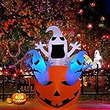 PETUOL Halloween Inflatable Decoration Pumpkin Ghost,5 Foot Airblown Pumpkin with 3 Ghosts for Home Yard Garden Indoor and Outdoor Decor Led Breath Light