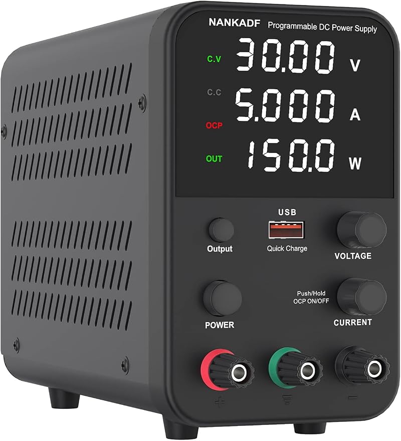NANKADF DC Power Supply 0-30V 0-5A USB Fast Charge 18W 4-Digit Display
