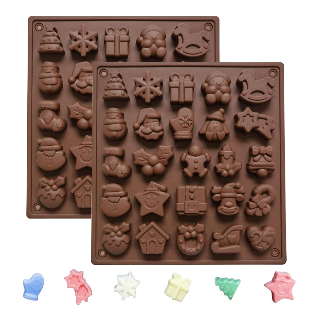 2 Pack Christmas Chocolate Moulds, 2 X 25-Cavity Xmas Silicone Non-Stick Chocolate Mould for DIY Baking, Candy Jelly Mould Pudding Fondant Decoration Cake Chocolate Christmas Decorations Xmas Party